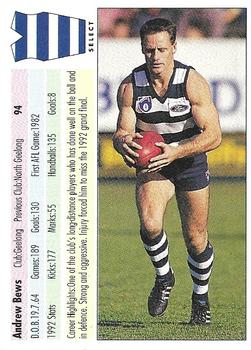 1993 Select AFL #94 Andrew Bews Back